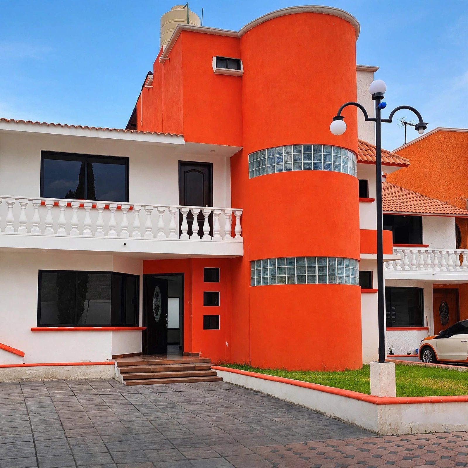 Casa en venta en Villas de Tepetlaoxtoc con torre cilíndrica naranja y vitroblock
